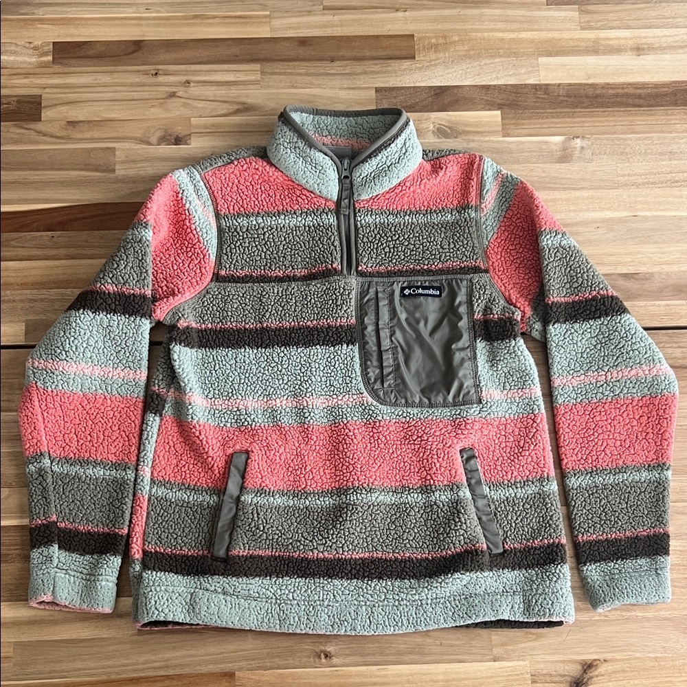 Columbia Women’s Coral and Sage Striped Sherpa Half-Zip Pullover